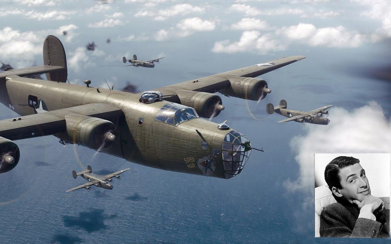 Amerikaanse B-24 Liberator bommenwerpers op weg naar hun doel in Nazi-Duitsland. Inzet: Filmster James Stewart.