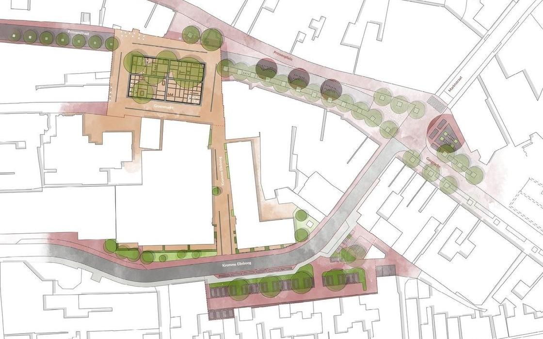De gemeente heeft eerste schetsen laten maten voor de Groenmarkt en de Kromme Elleboog. De gemeente heeft eerste schetsen laten maten voor de Groenmarkt en de Kromme Elleboog.
