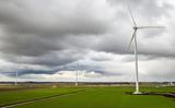 Dronebeeld van een windmolenpark langs de N33. 