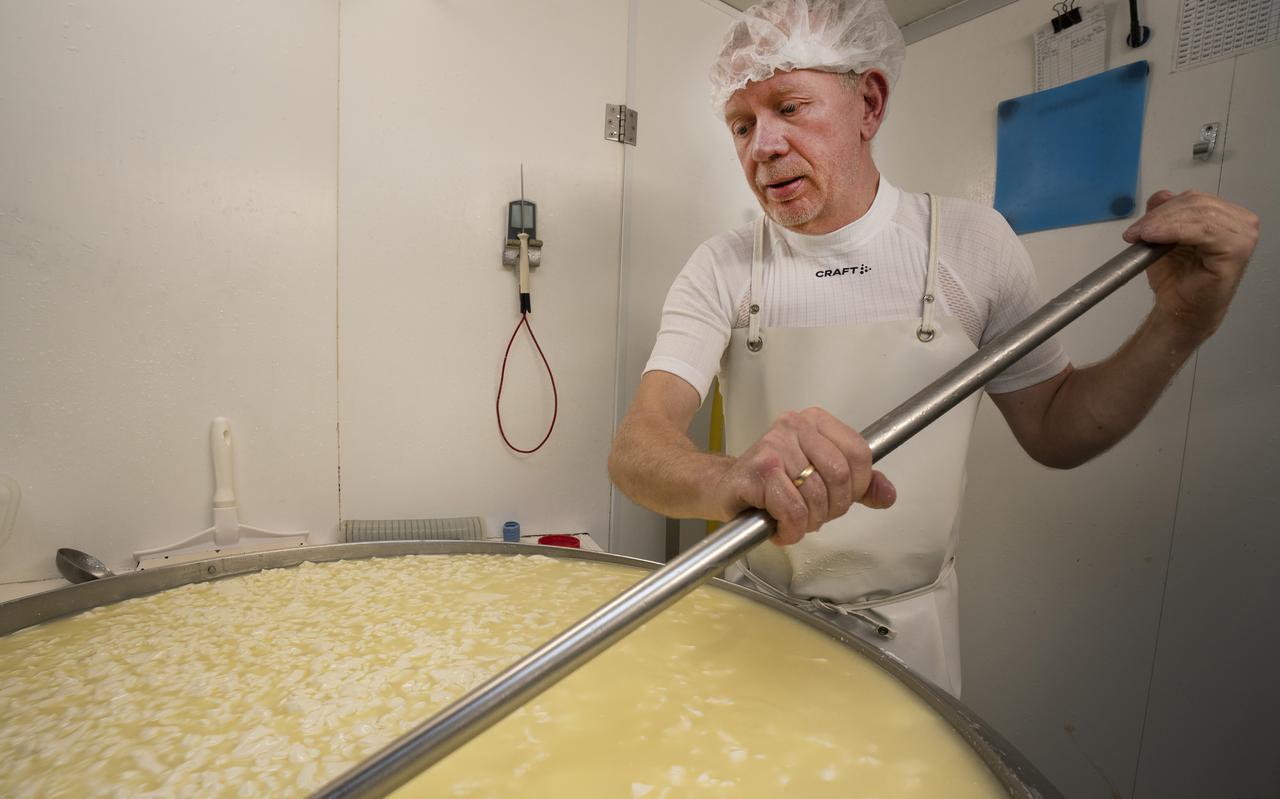 Kaasmaker Henk van der Schoor aan het werk in zijn mobiele kaasmakerij