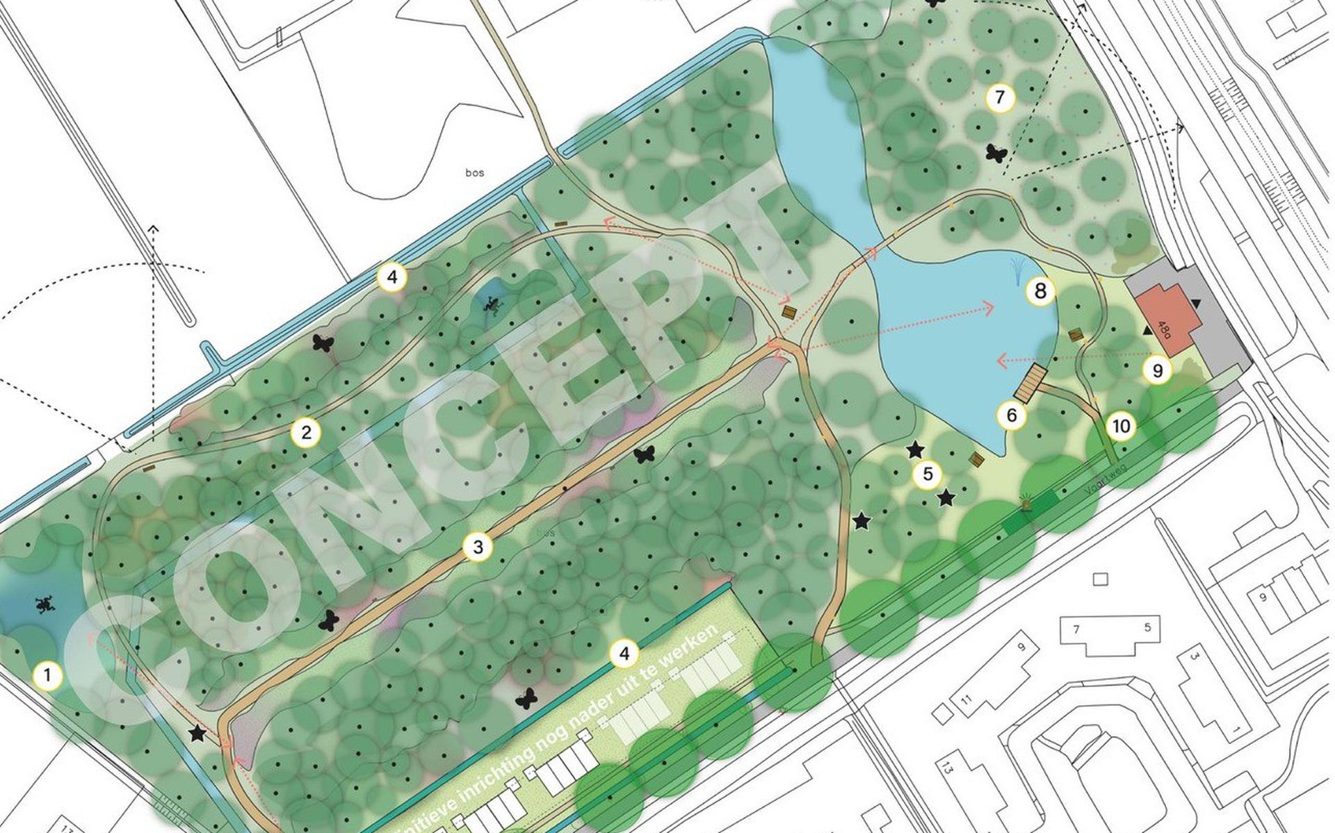 De concepttekening van de plannen rond de vijver in Wilhelminaoord.