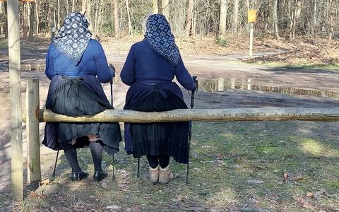 Twee Staphorster vrouwen in klederdracht rustend op een balk in het bos.