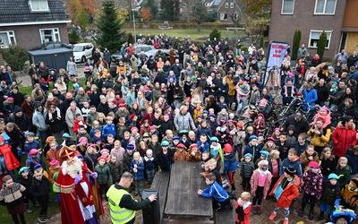 Het plein bij de Meule van Wassens in Zuidwolde stond zaterdagmorgen bomvol met kinderen en ouders om Sinterklaas te verwelkomen. Vanaf de molen speelden de muzikanten van het 50-jarige Woudklank de menigte toe, daarnaast werd driftig gezongen en gedanst.