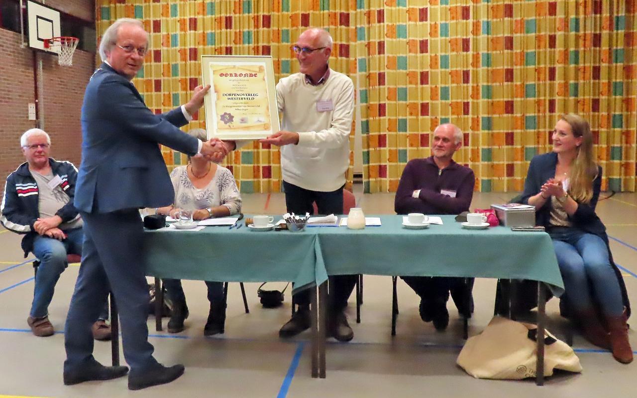 In het bijzijn van de vier andere bestuursleden ontvangt Gerrit Welle uit handen van burgemeester Rikus Jager de oorkonde. In het bijzijn van de vier andere bestuursleden ontvangt Gerrit Welle uit handen van burgemeester Rikus Jager de oorkonde.