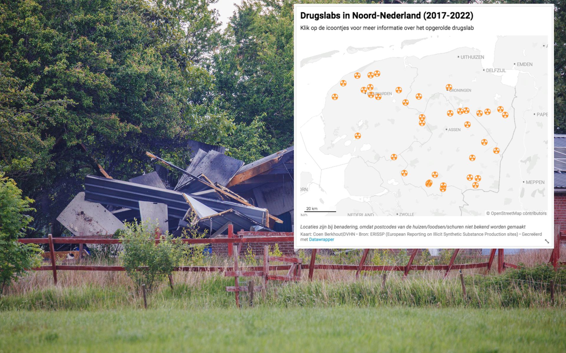 Achtergrond: het ontplofte drugslab aan de Polderweg in Haule. Inzet: kaart met alle ontdekte drugslabs in Noord-Nederland.