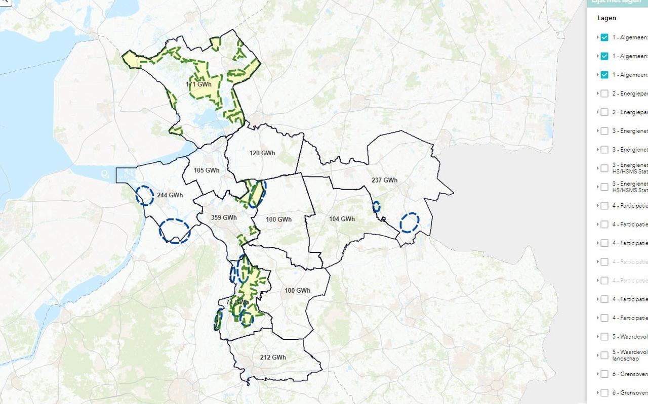 Het gebied van de RES West-Overijssel, met zoekgebieden voor windmolens (stippellijntje) en zonneparken (geel gekleurd). Foto: RES West-Overijssel 1.0 Het gebied van de RES West-Overijssel, met zoekgebieden voor windmolens (stippellijntje) en zonneparken (geel gekleurd). Foto: RES West-Overijssel 1.0