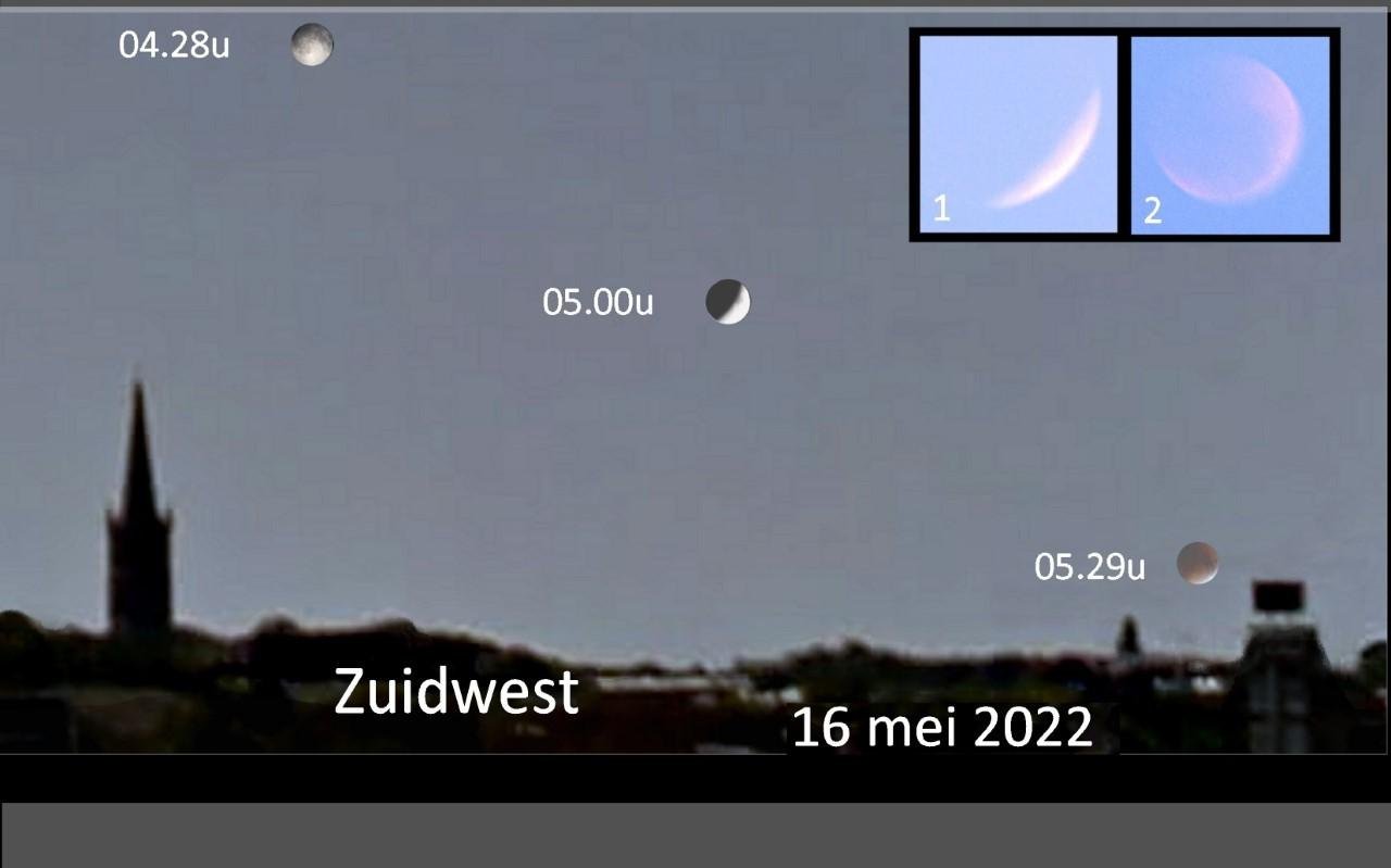 Schematisch de maansverduistering op 16 mei 2022, 's ochtends vroeg. Als de maan zeer laag boven de horizon staat, is het al sterk schemerig. In 1989 was er een vergelijkbare maaneclips vanuit ons land zichtbaar. De inzetfoto's tonen hoe de maan toen nog maar net was te onderscheiden (links (1) vlak voor totaliteit, rechts(2) tijdens de totale fase van de eclips). Schematisch de maansverduistering op 16 mei 2022, 's ochtends vroeg. Als de maan zeer laag boven de horizon staat, is het al sterk schemerig. In 1989 was er een vergelijkbare maaneclips vanuit ons land zichtbaar. De inzetfoto's tonen hoe de maan toen nog maar net was te onderscheiden (links (1) vlak voor totaliteit, rechts(2) tijdens de totale fase van de eclips).